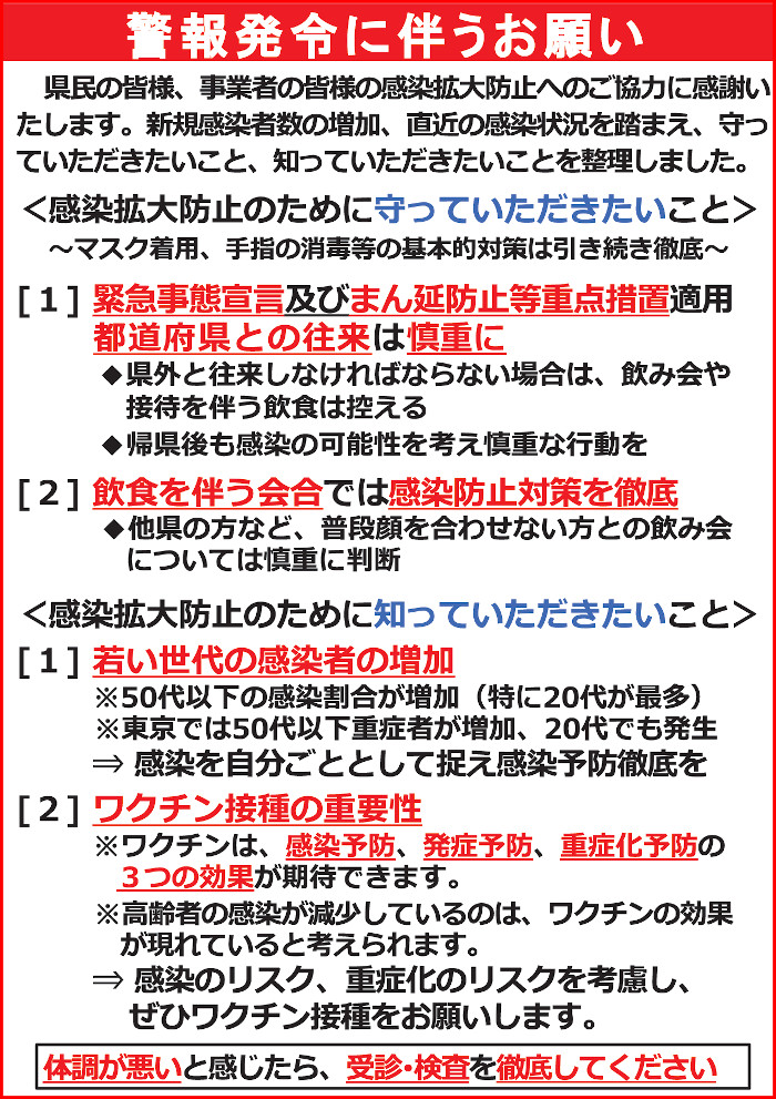 新潟県新型コロナウイルス感染症警報発令に伴うお願い