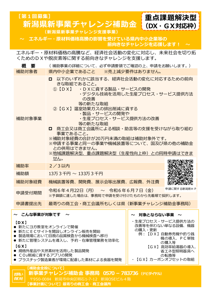 R6第1回新潟県新事業チャレンジ支援事業補助金【重点課題解決型（ＤＸ・ＧＸ対応枠）】