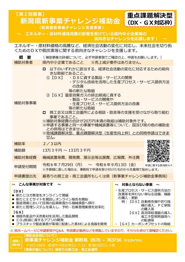 R6第2回新潟県新事業チャレンジ支援事業補助金【重点課題解決型（ＤＸ・ＧＸ対応枠）】