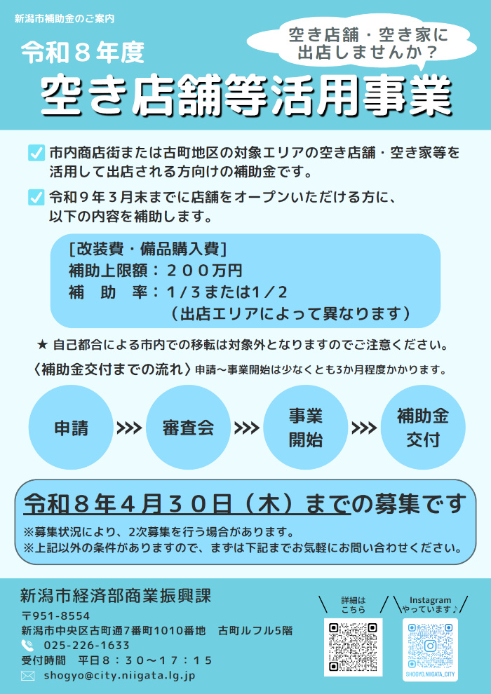 【新潟市】空き店舗等活用事業補助金