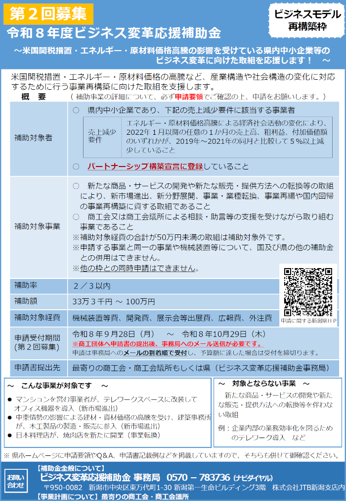 新潟県ビジネス応援変革補助金（ビジネスモデル再構築枠）チラシ