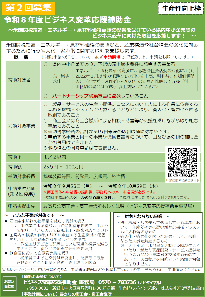 新潟県ビジネス応援変革補助金（生産性向上枠）チラシ
